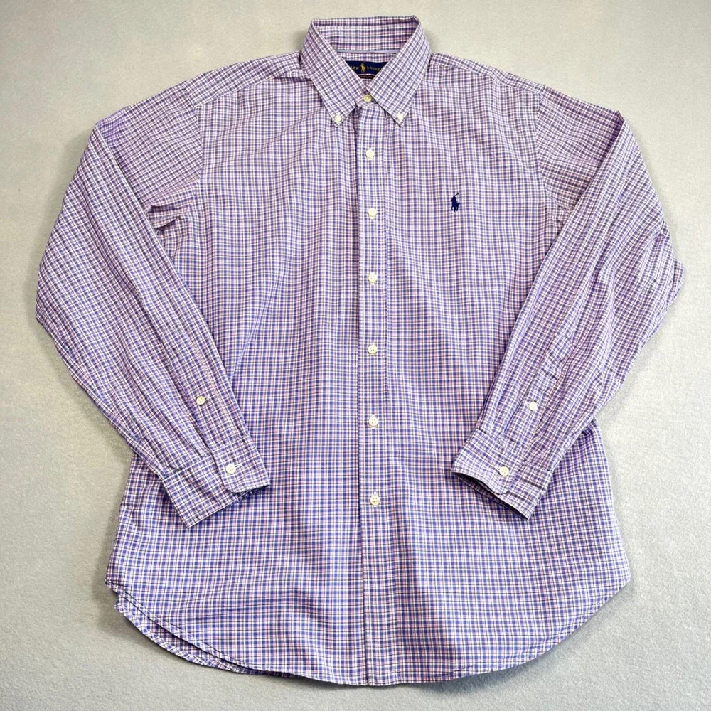 Polo Ralph Lauren Mens L Classic Fit Purple Plaid Button Down Shirt Academia